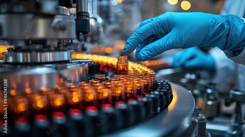 sterile pharmaceutical production line gloved hands inspecting glass vials advanced machinery clean room environment cool clinical lighting sterile pharmaceutical production line gloved hands inspecting glass vials advanced machinery clean room environment cool clinical lighting
