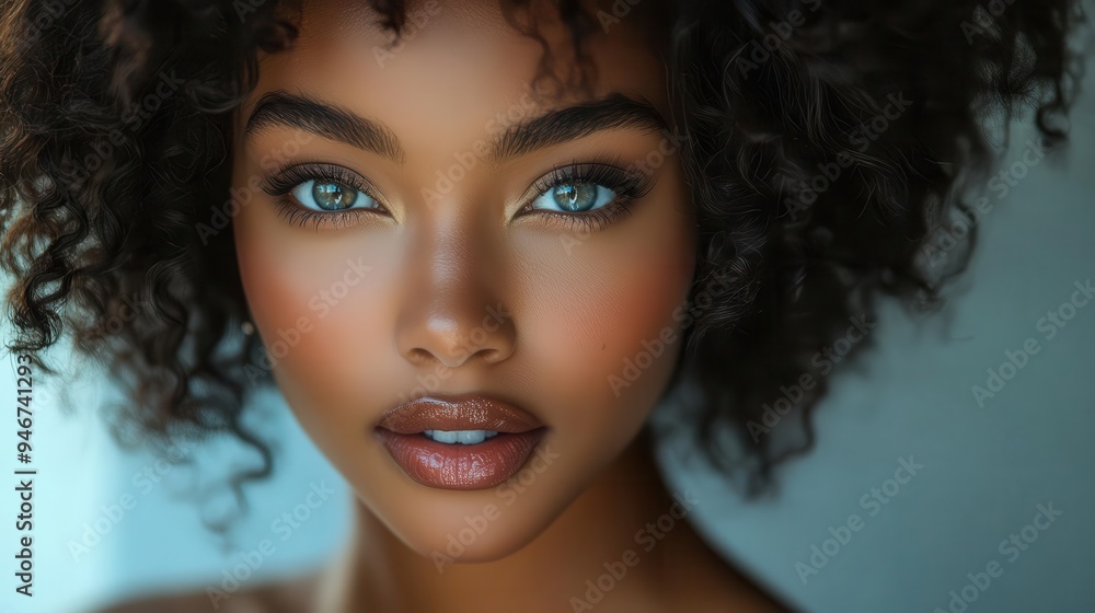 Fototapeta premium striking portrait of african american woman with luminous skin and natural hair dramatic lighting accentuates facial features confident gaze and regal posture embody beauty and strength