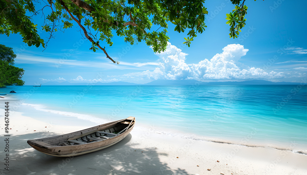 View of nice tropical beach with old boat View of nice tropical beach with old boat