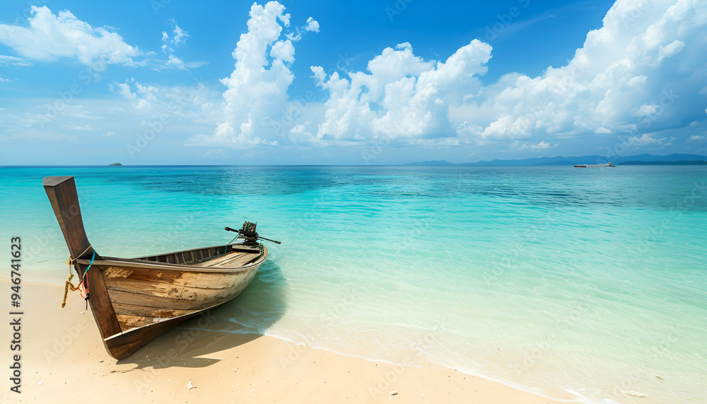 View of nice tropical beach with old boat View of nice tropical beach with old boat
