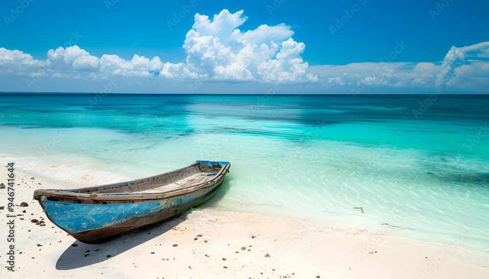 View of nice tropical beach with old boat View of nice tropical beach with old boat