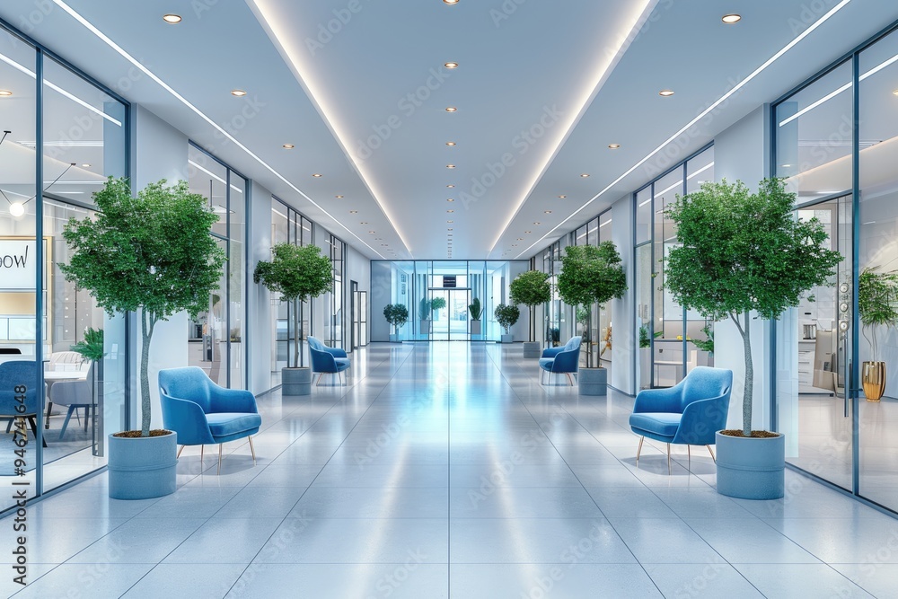 Modern Office Lobby with Glass Walls and Greenery Modern Office Lobby with Glass Walls and Greenery