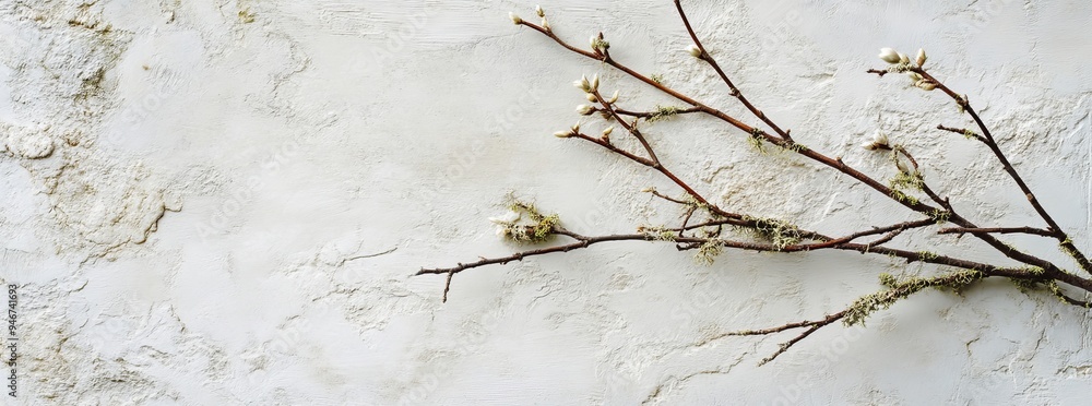 Scandinavian style winter banner with dry leaves, lichens, and thin twigs on distressed white wood background, flat lay / top view