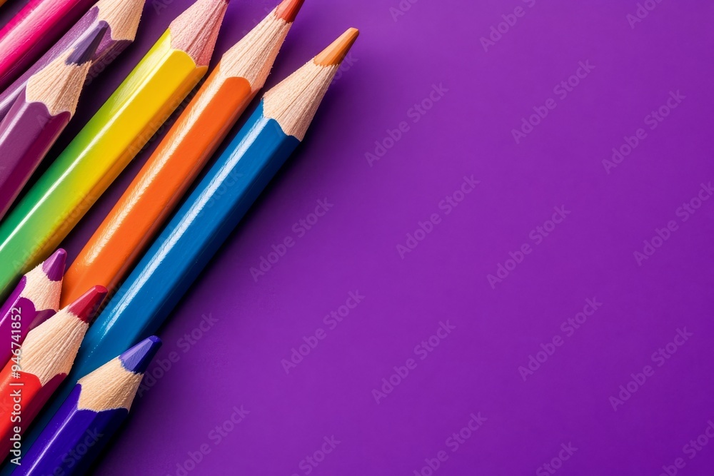 An isolated row of colored pencils against a purple background An isolated row of colored pencils against a purple background