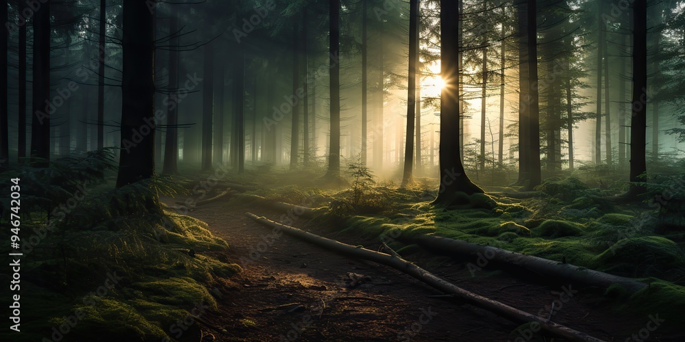Misty fog forest path way with sun rays. Adventure explore travel scene view Misty fog forest path way with sun rays. Adventure explore travel scene view