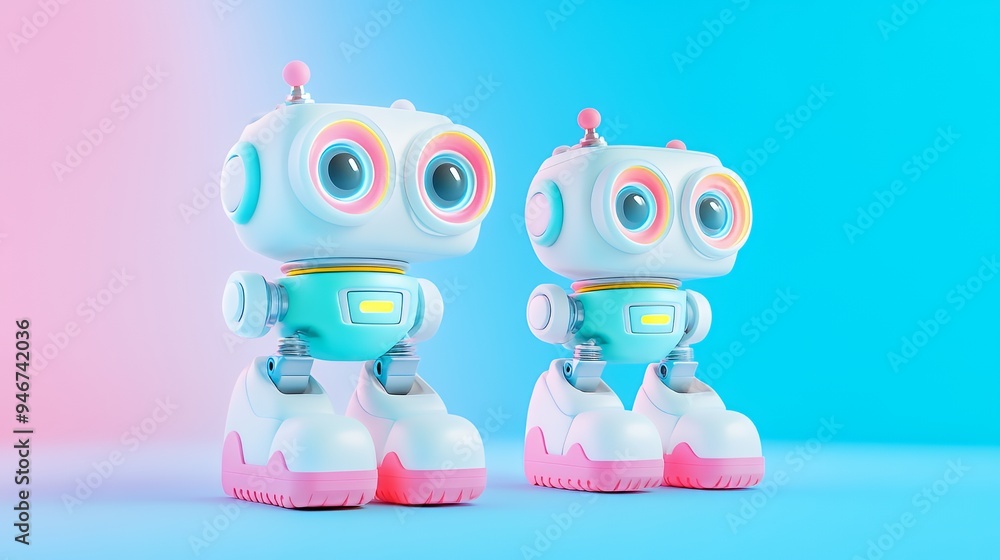 Two cute, colorful robots with large eyes and playful designs against a gradient background. Two cute, colorful robots with large eyes and playful designs against a gradient background.