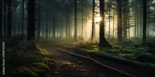 Misty fog forest path way with sun rays. Adventure explore travel scene view