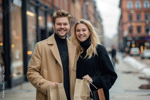 Young couple shopping, city street, smiling, holding paper bags, beige coat, black sweater, blonde woman.