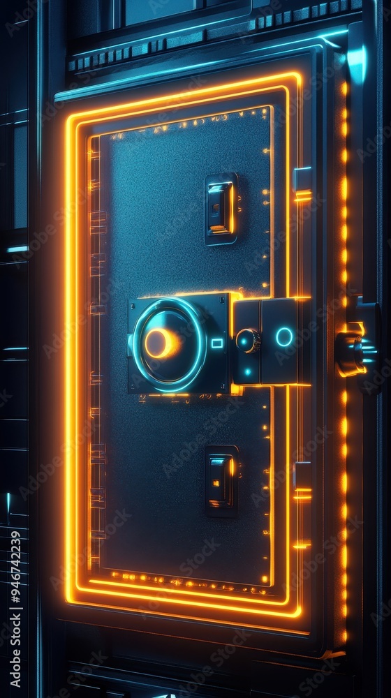 Futuristic safe deposit box featuring glowing neon lights, set in a high-tech environment designed for secure storage Futuristic safe deposit box featuring glowing neon lights, set in a high-tech environment designed for secure storage