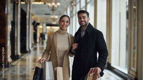 Young couple shopping, holding bags, woman in beige turtleneck, man in black coat, smiling, elegant look, indoor corridor.