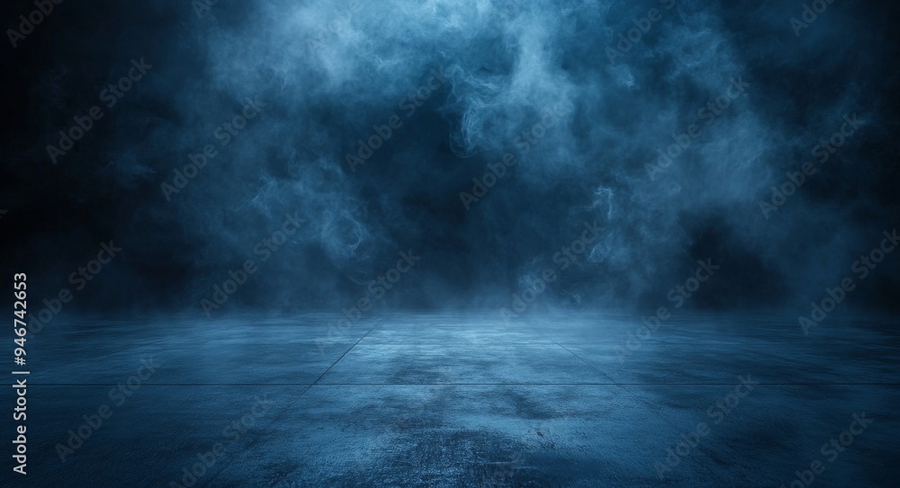 Fototapeta premium The background consists of a blank dark wall and a smoky concrete floor illuminated by a blue color.