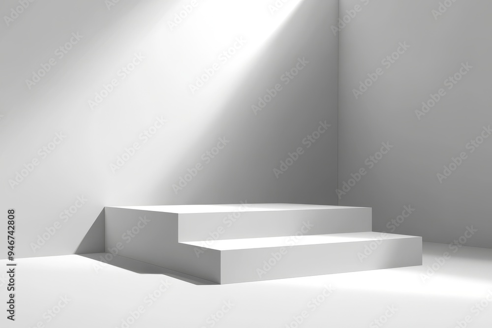 An empty white podium pedestal for a product, a stage platform, or a showcase on a minimalist gray abstract background with shadows. 3D rendering. An empty white podium pedestal for a product, a stage platform, or a showcase on a minimalist gray abstract background with shadows. 3D rendering.