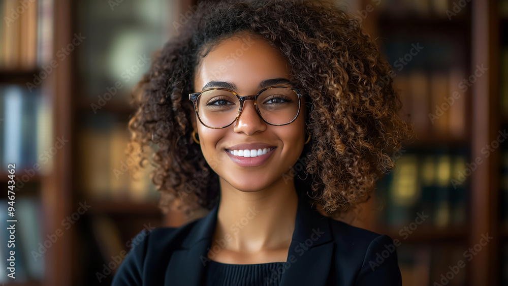 Mixed Race Woman Lawyer - businesswoman, professional, office, glasses, curly hair, smiling, bookshelf, library, confident, corporate, executive, business attire, indoor Mixed Race Woman Lawyer - businesswoman, professional, office, glasses, curly hair, smiling, bookshelf, library, confident, corporate, executive, business attire, indoor