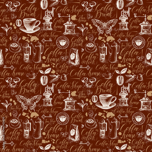 Vector seamless pattern on tea and coffee label theme with sketches, blots and inscriptions in retro style. Suitable for Wallpaper, wrapping paper, background, fabric or textile