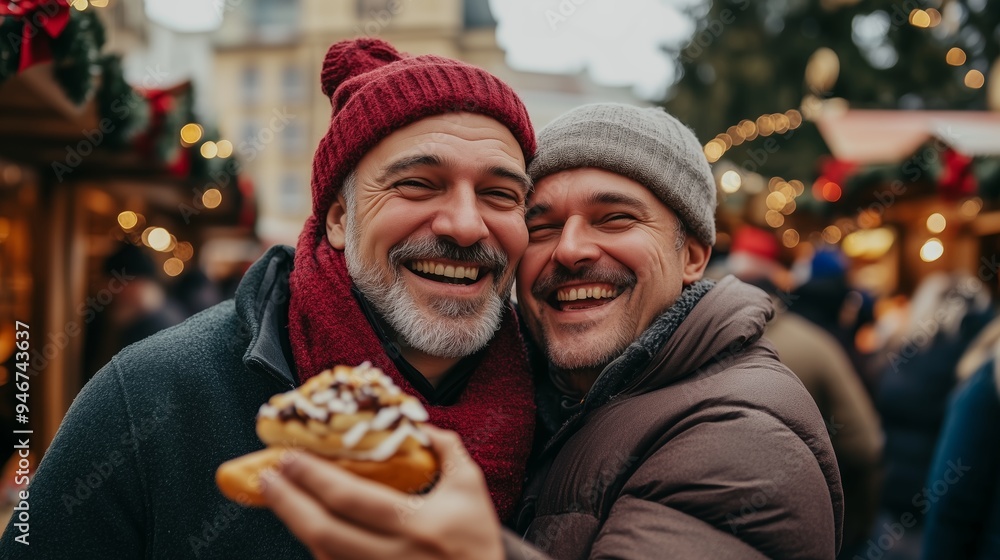 © fotofabrika - Two men enjoying holiday treats at a festive market in winter, sharing laughter and joy on a chilly day © fotofabrika - Two men enjoying holiday treats at a festive market in winter, sharing laughter and joy on a chilly day