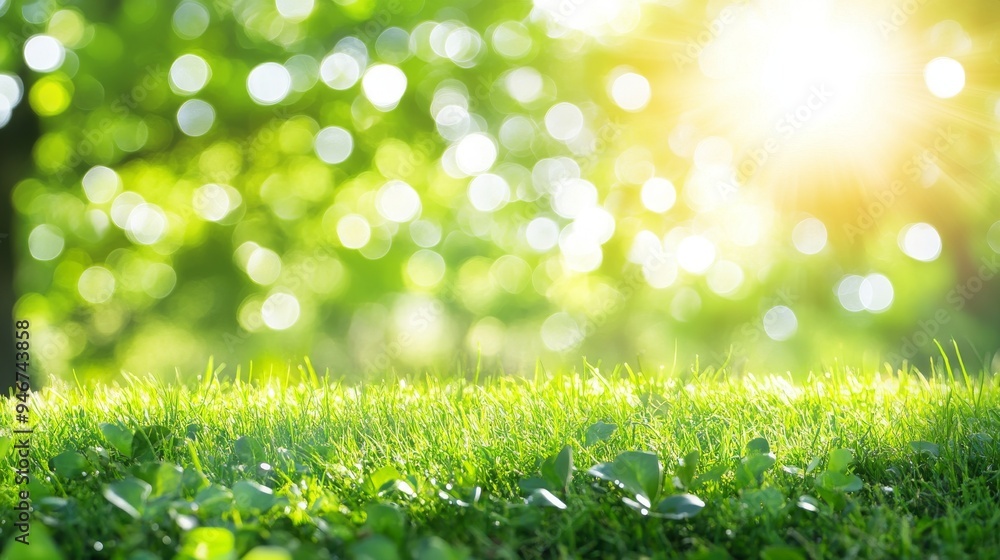 Obraz premium With blurred bokeh and trees in a park, this is a natural grass field background