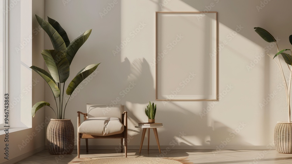 A serene interior featuring a chair, plants, and natural light. A serene interior featuring a chair, plants, and natural light.