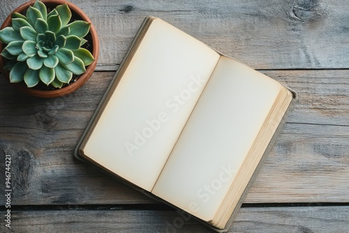 Open blank vintage book on rustic wooden surface beside a potted succulent