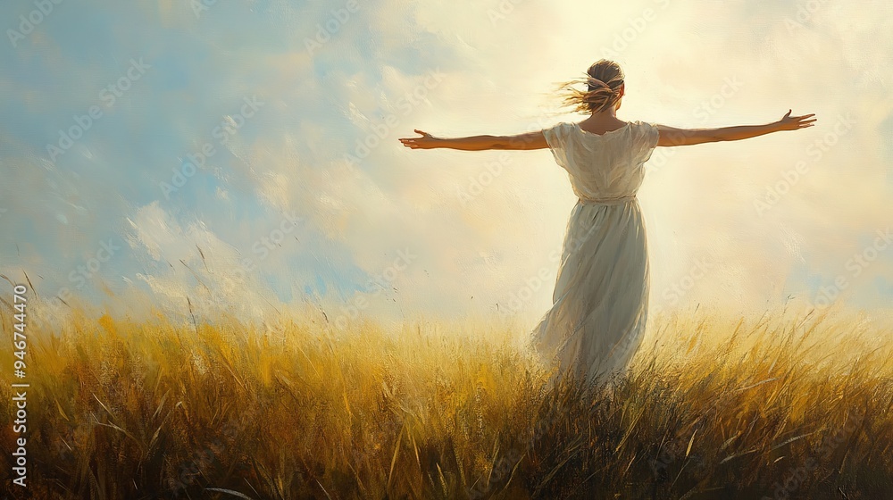 A peaceful moment of a woman standing barefoot in a grassy field, arms outstretched, feeling the wind and the warmth of the sun A peaceful moment of a woman standing barefoot in a grassy field, arms outstretched, feeling the wind and the warmth of the sun