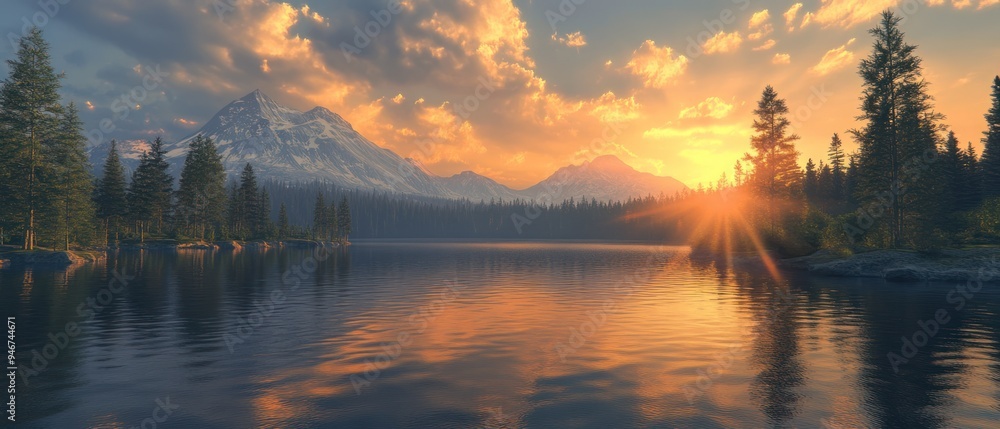 Fototapeta premium Serene Sunset Over a Mountain Lake