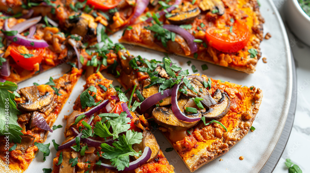 A vegan pizza with mushrooms and fresh herbs, Placed on a white plate. Concept Vegan Recipes, Plant-based Cooking, Healthy Eating, Meatless Options. World Vegetarian Day A vegan pizza with mushrooms and fresh herbs, Placed on a white plate. Concept Vegan Recipes, Plant-based Cooking, Healthy Eating, Meatless Options. World Vegetarian Day