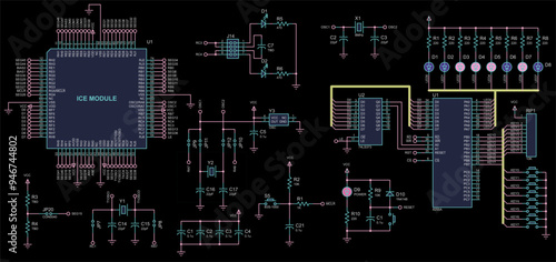 Vector electrical schematic diagram of digital
electronic device with led indicators and integrated circuit, operating under 
the control of microcontroller. Technical engineering drawing.