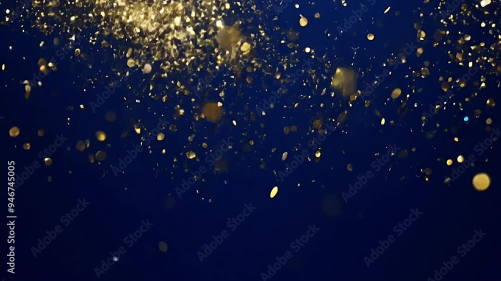 Glittering golden confetti pieces falling down and flying against deep blue background. Slow motion Glittering golden confetti pieces falling down and flying against deep blue background. Slow motion