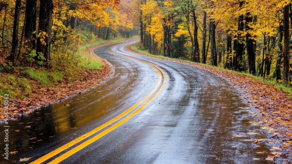Winding Road Through Autumn Forest After Rain Winding Road Through Autumn Forest After Rain