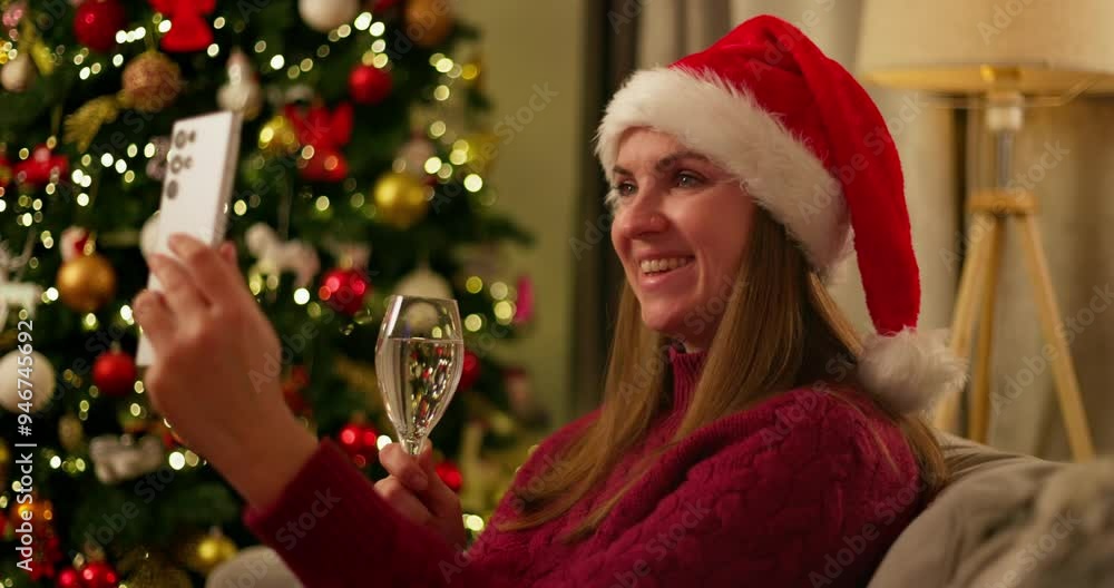Woman in Santa Hat Enjoying Christmas Video Call Woman in Santa Hat Enjoying Christmas Video Call