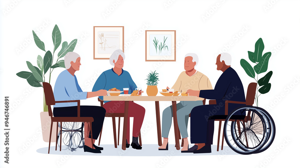 In a comfortable living room setting, a diverse group of seniors is seated around a table, sharing a meal and enjoying each other's company. The room features warm decor with plant In a comfortable living room setting, a diverse group of seniors is seated around a table, sharing a meal and enjoying each other's company. The room features warm decor with plant