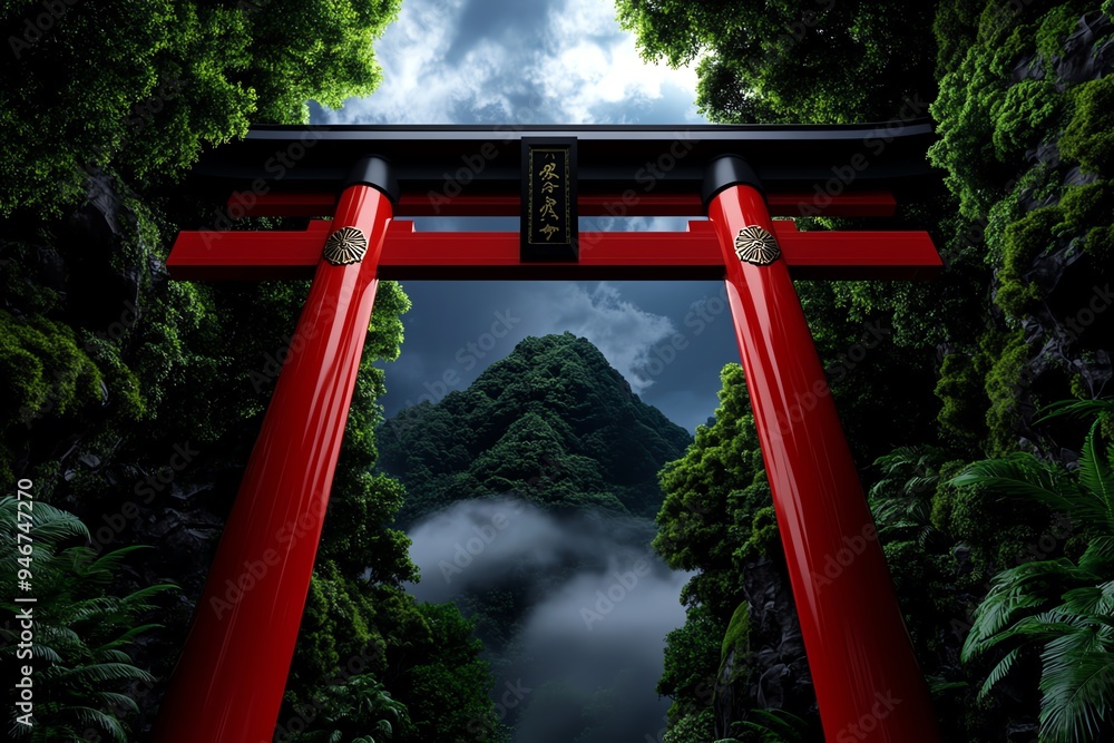 Japanese vermillion shrine gates leading into a mist-covered mountain, depicted in an artwork that combines the vibrant color with the mystique of the natural setting Japanese vermillion shrine gates leading into a mist-covered mountain, depicted in an artwork that combines the vibrant color with the mystique of the natural setting