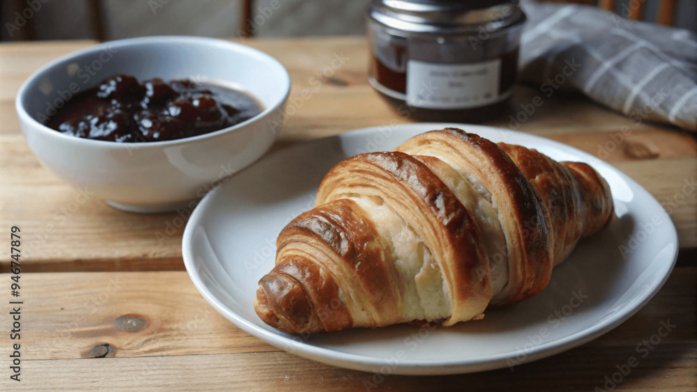 A close-up of a fresh croissant on a white plate with a small pot of jam A close-up of a fresh croissant on a white plate with a small pot of jam