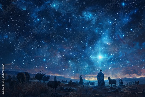 This enchanting scene depicts a radiant Christmas star illuminating an open field where shepherds gather, gazing at the heavenly light above, with constellations enhancing the magic of the night sky.