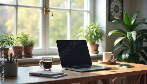 Wallpaper Mural A black laptop on a wooden desk with a cup of coffee, plants, and a window with a blurred outdoor view in the background Torontodigital.ca