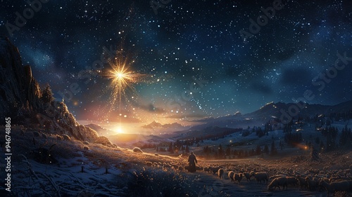 Fototapeta Naklejka Na Ścianę i Meble -  This enchanting scene depicts a radiant Christmas star illuminating an open field where shepherds gather, gazing at the heavenly light above, with constellations enhancing the magic of the night sky.