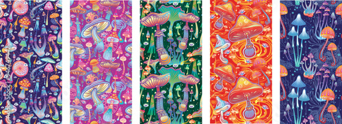 Set of Seamless Patterns with Magic Mushrooms, Vertical background