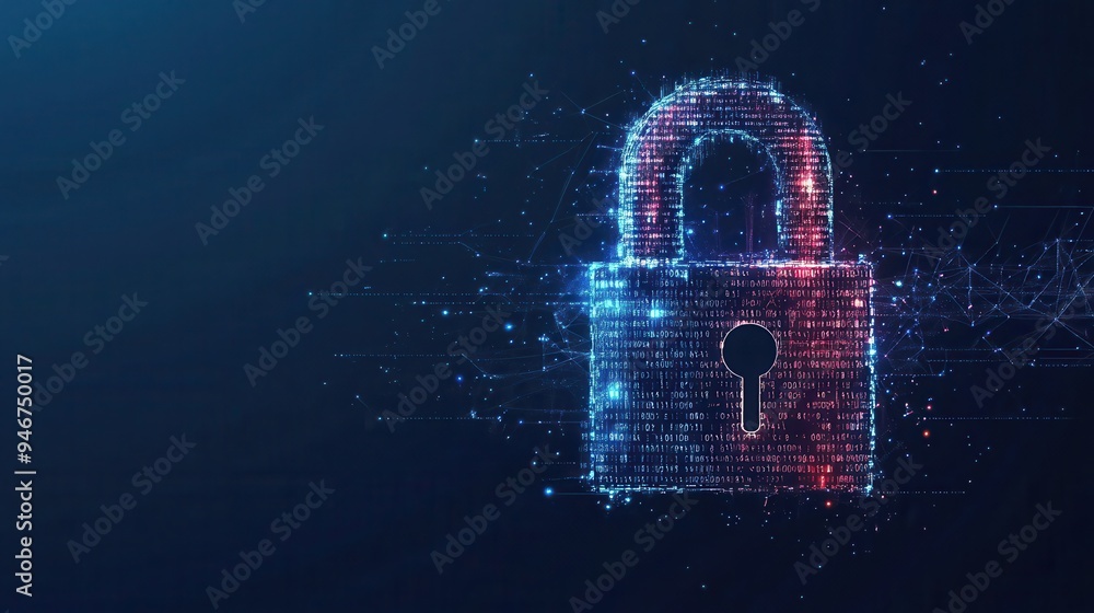 A stylized depiction of a digital lock symbol, integrating binary code and glowing particles against a dark backdrop A stylized depiction of a digital lock symbol, integrating binary code and glowing particles against a dark backdrop