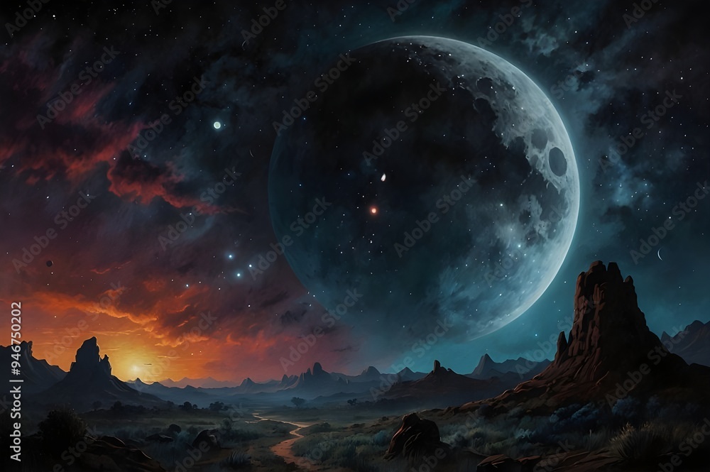 the moon with colorful rays around it with a view of the mountains the moon with colorful rays around it with a view of the mountains