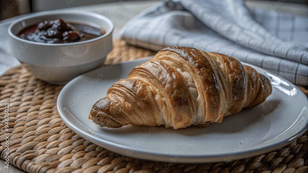 A close-up of a fresh croissant on a white plate with a small pot of jam