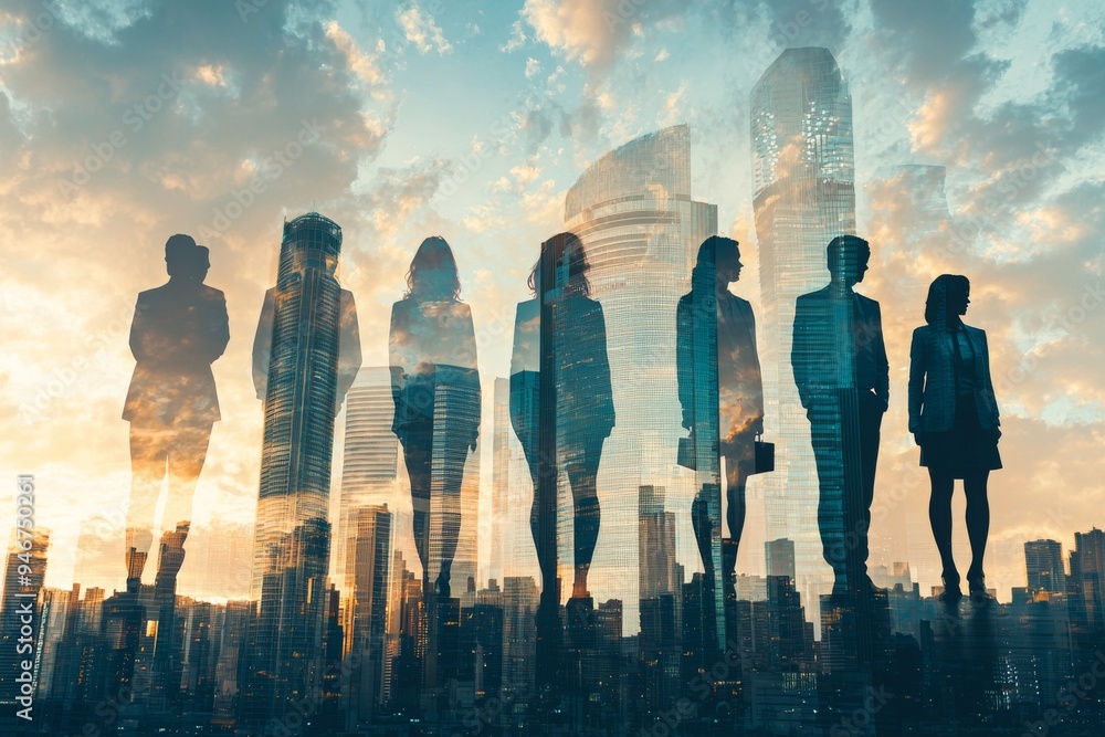 People standing in city skyline double exposure created with Generative AI People standing in city skyline double exposure created with Generative AI