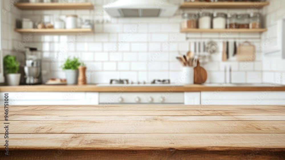 Background of blurry wooden table on a blurry kitchen bench. Empty wooden table and blurred kitchen bench Background of blurry wooden table on a blurry kitchen bench. Empty wooden table and blurred kitchen bench