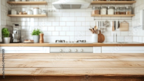 Background of blurry wooden table on a blurry kitchen bench. Empty wooden table and blurred kitchen bench