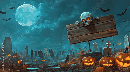 Spooky Halloween night scene with glowing pumpkins and an empty wooden signboard under a full moon