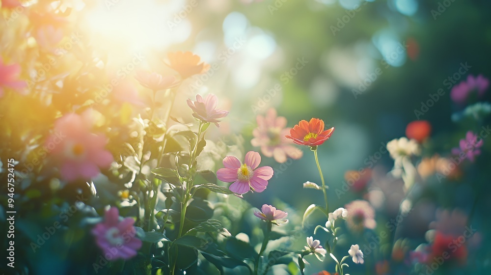 A vibrant field of blooming flowers illuminated by soft sunlight. A vibrant field of blooming flowers illuminated by soft sunlight.
