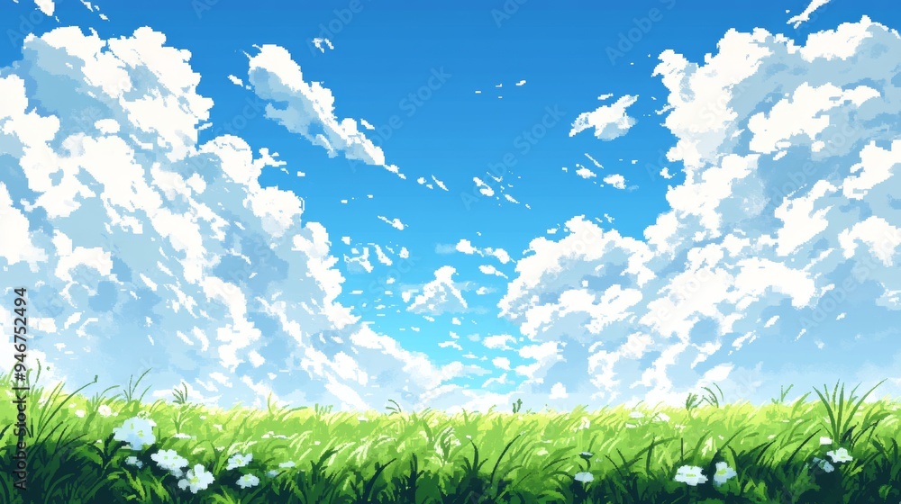 There is space in the middle of the screen, between the blue sky and the clouds and the green field, for characters and text to be displayed There is space in the middle of the screen, between the blue sky and the clouds and the green field, for characters and text to be displayed