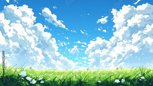There is space in the middle of the screen, between the blue sky and the clouds and the green field, for characters and text to be displayed