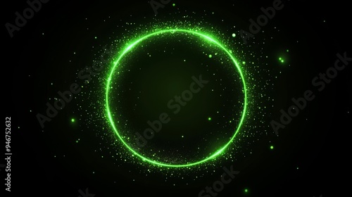 A neon glow and energy sparkles. Modern realistic illustration with a circle frame of a spinning swirl with green sparks and blurry edges.