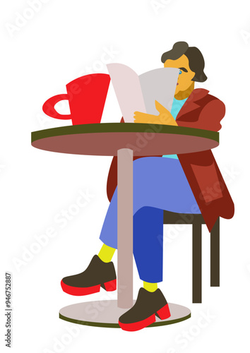 Vector illustration of a man sitting at the table and reading a newspaper.