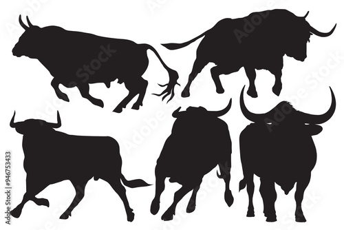 Black silhouette bull financial icons. Isolated on white background. Angry running bull icon illustration. Domestic animal. Buffalo collection. Farm animal. Spanish Bull & Ox vector illustration.