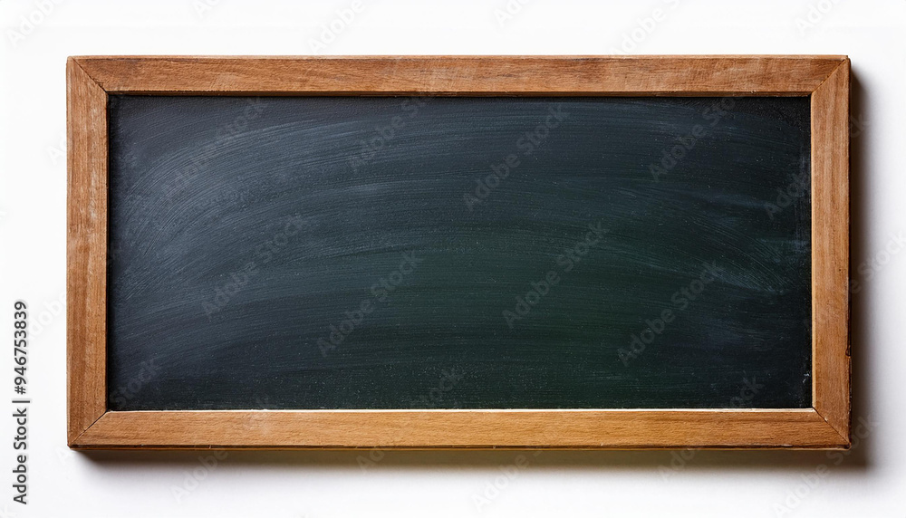 Obraz premium 木製のフレームに囲まれた黒板が映し出されています。黒板には何も書かれておらず、滑らかな表面が広がっています。シンプルでクラシックなデザインが特徴で、背景は白で統一されています。generative AI